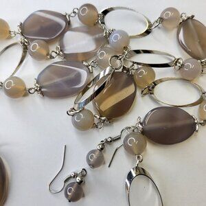 Smoky Taupe Grey Tan Bead Long Necklace Earring Set
